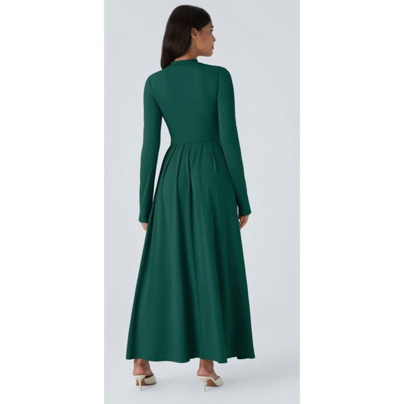 Halara long-sleeve, mock-neck, side-pocket, flare maxi casual dress green L NWT - Picture 2 of 12